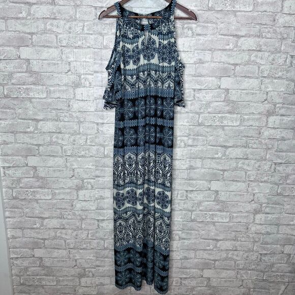 Chico's Mosaic Print Maxi Dress Cold Shoulder Keyhole Blue White Size 3 XL 16/18 - Picture 1 of 15